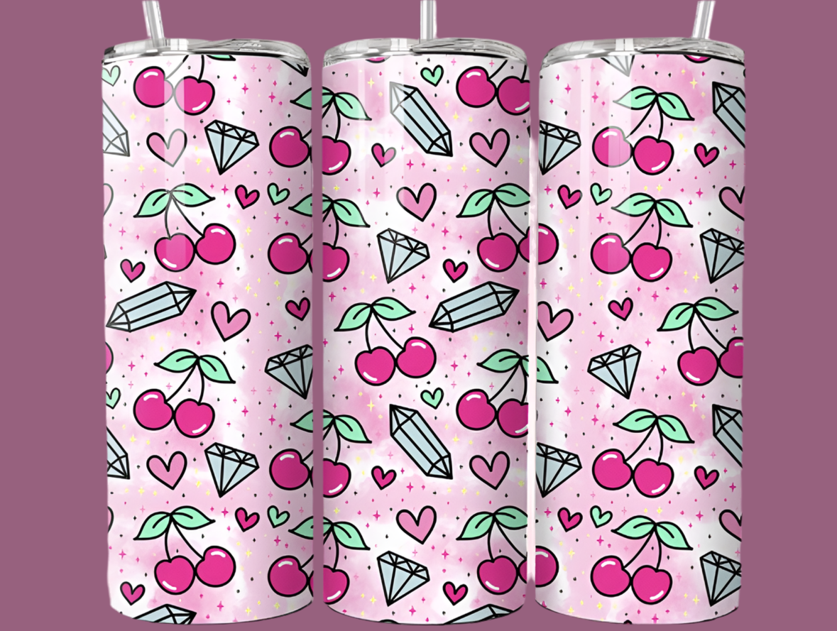 Cherry & crystals pink, 20oz tumbler with lid & straw straight Mother’s Day