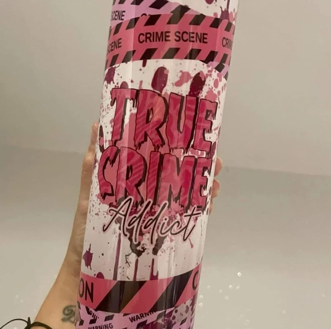 Pink true crime 20oz tumbler, straight