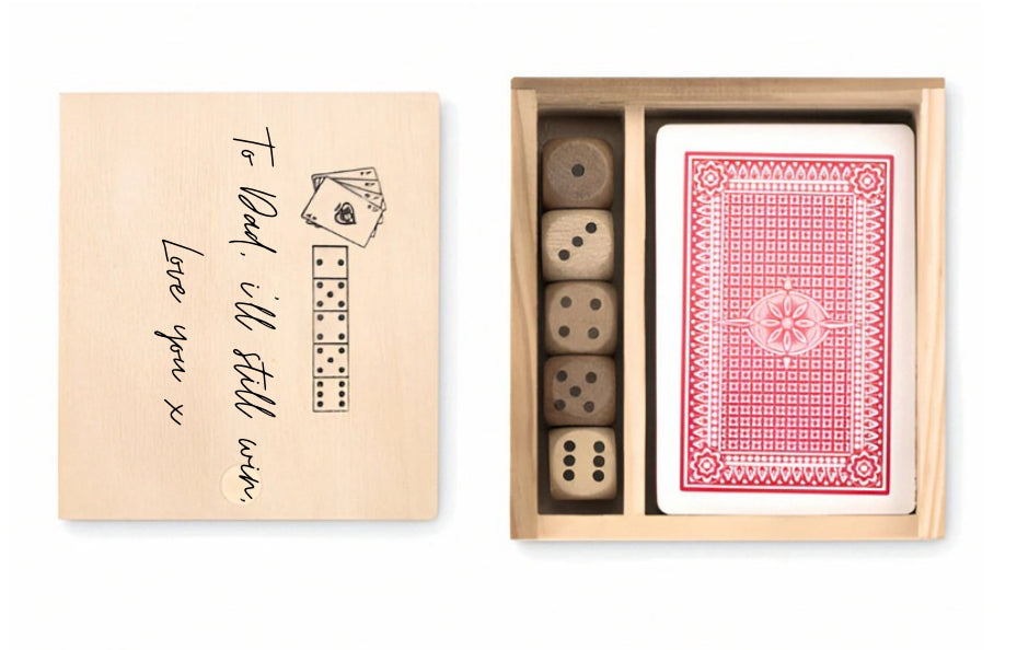 Laser engraved set dice and cards in a wooden box christmas