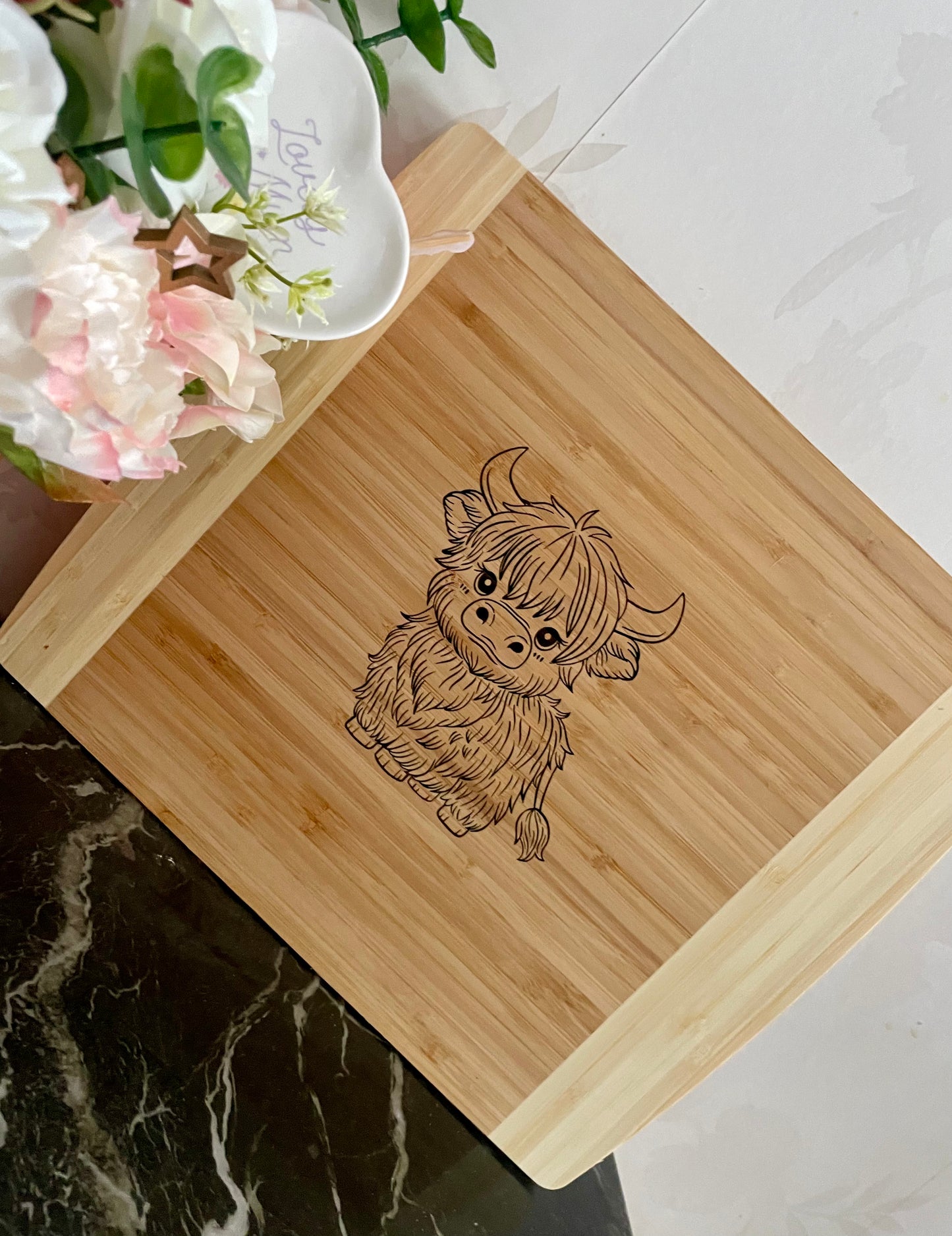 Bamboo laser engraved chopping board, highland cow, personalised with name. Kitchen accessories