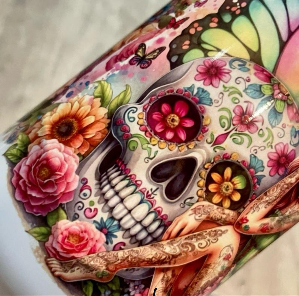 40oz Sugar Skull and Fairy's Tumbler for Hot and Cold Drinks with Lid and Straw Colorful Design