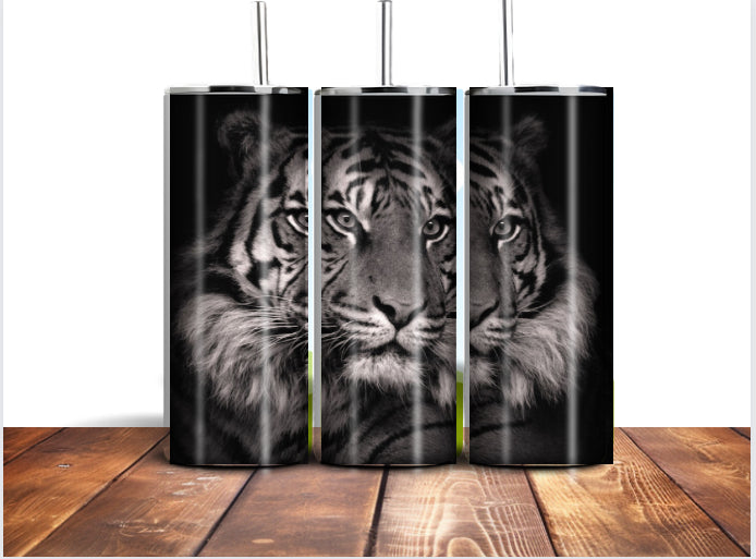 Tiger black and white 20oz tumbler with lid and straw- Animal, straight