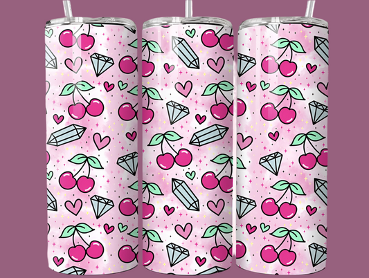 Cherry & crystals pink, 20oz tumbler with lid & straw straight Mother’s Day