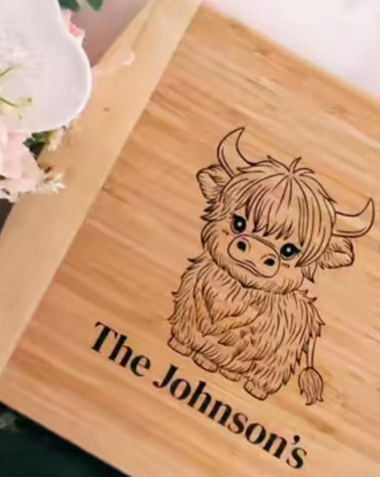 Bamboo laser engraved chopping board, highland cow, personalised with name. Kitchen accessories