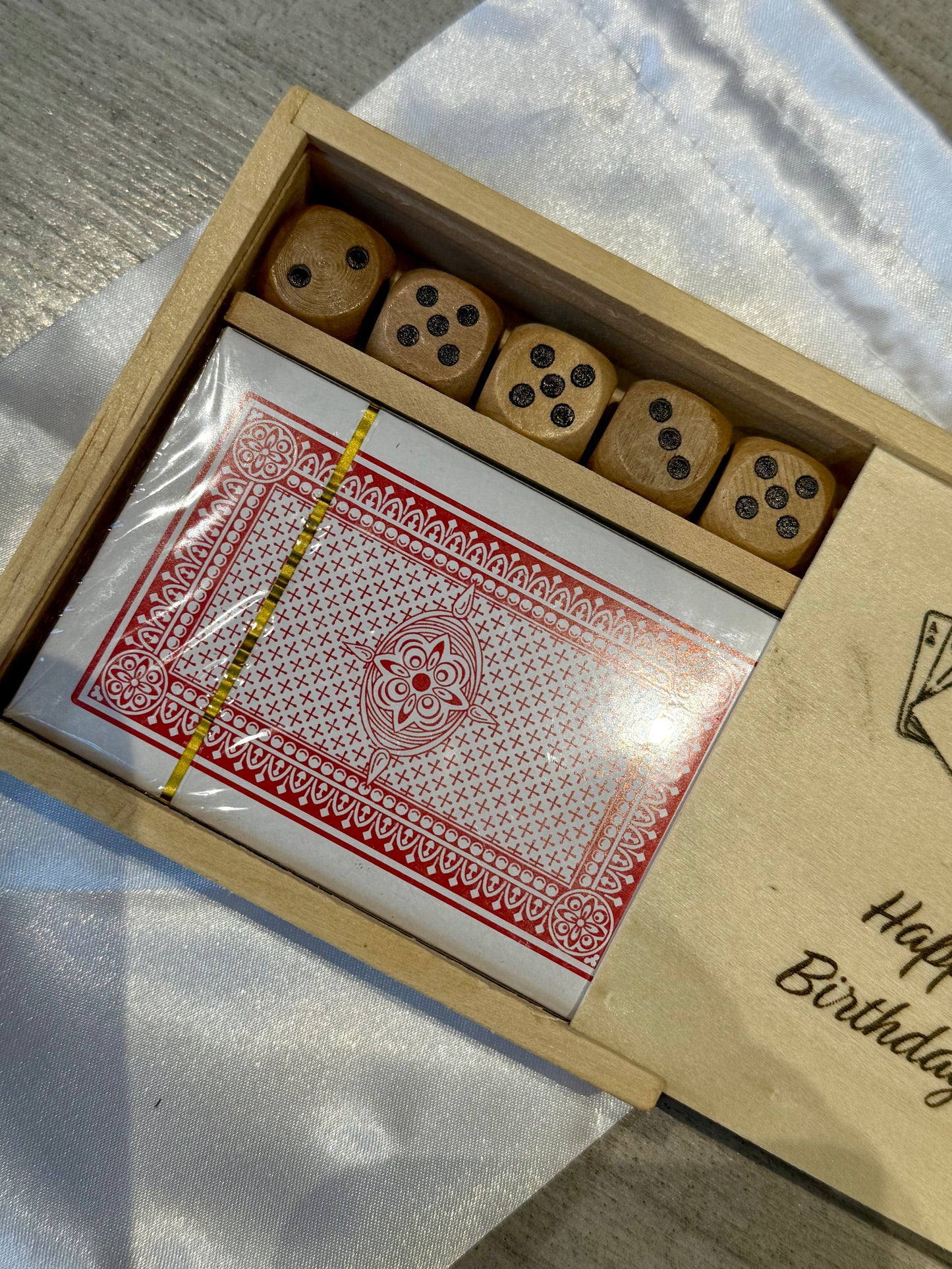 Laser engraved set dice and cards in a wooden box christmas