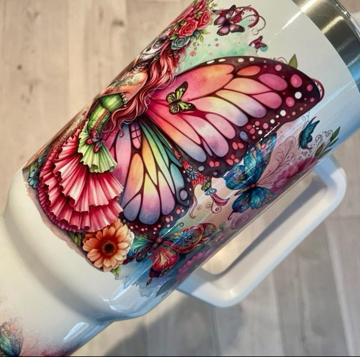 40oz Sugar Skull and Fairy's Tumbler for Hot and Cold Drinks with Lid and Straw Colorful Design