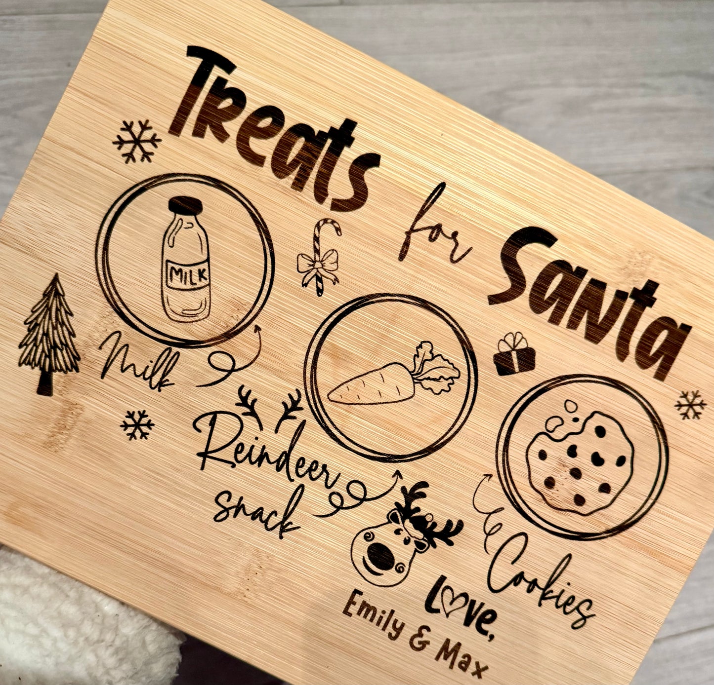 Christmas treats for santa board personalised, bamboo laser engraved