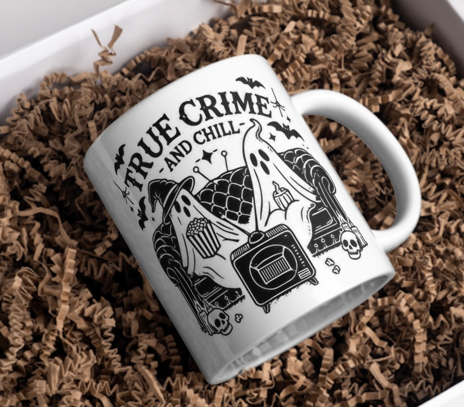 True crime and chill ghost mug