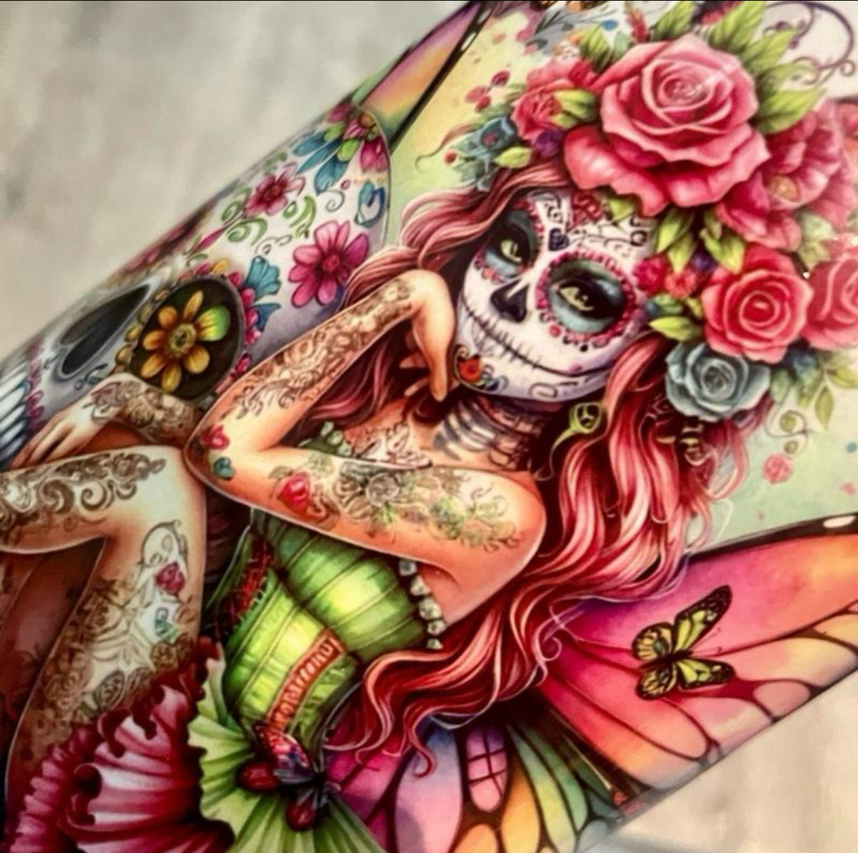 40oz Sugar Skull and Fairy's Tumbler for Hot and Cold Drinks with Lid and Straw Colorful Design