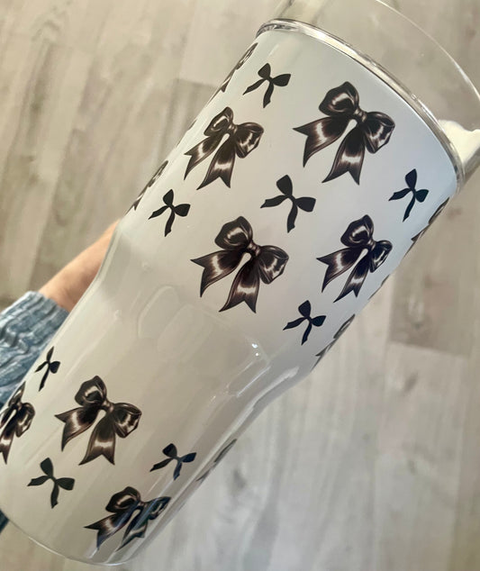20oz tumbler with handle, black bows