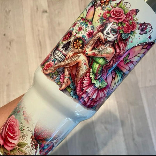 40oz Sugar Skull and Fairy's Tumbler for Hot and Cold Drinks with Lid and Straw Colorful Design