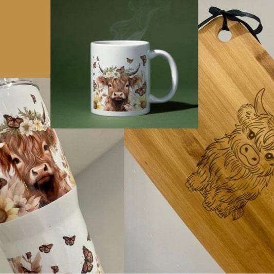 Highland Cow Gift Set - 20oz Tumbler, Bamboo Chopping Board 38x24 cm large , and 11oz Mug - Cup, Drinkware