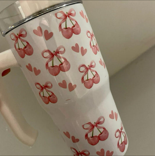 Cherry & Bow Tumbler with handle Lid and Straw - 20 oz - Drinkware